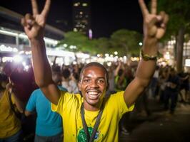 braziliaans Mens viert zijn voetbal teams zege ai generatief foto