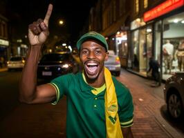 braziliaans Mens viert zijn voetbal teams zege ai generatief foto