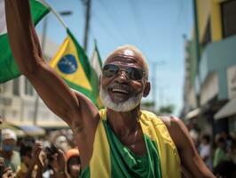 braziliaans Mens viert zijn voetbal teams zege ai generatief foto