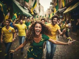 braziliaans Mens viert zijn voetbal teams zege ai generatief foto