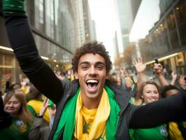 braziliaans Mens viert zijn voetbal teams zege ai generatief foto