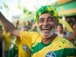 braziliaans Mens viert zijn voetbal teams zege ai generatief foto