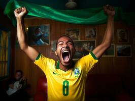 braziliaans Mens viert zijn voetbal teams zege ai generatief foto