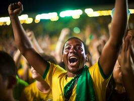 braziliaans Mens viert zijn voetbal teams zege ai generatief foto