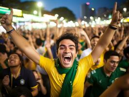 braziliaans Mens viert zijn voetbal teams zege ai generatief foto