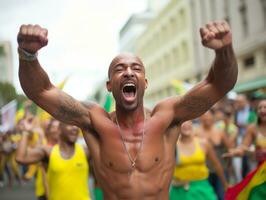 braziliaans Mens viert zijn voetbal teams zege ai generatief foto