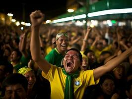 braziliaans Mens viert zijn voetbal teams zege ai generatief foto