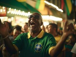 braziliaans Mens viert zijn voetbal teams zege ai generatief foto