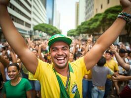 braziliaans Mens viert zijn voetbal teams zege ai generatief foto