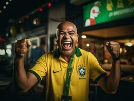 braziliaans Mens viert zijn voetbal teams zege ai generatief foto