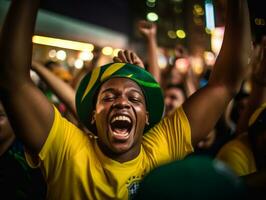 braziliaans Mens viert zijn voetbal teams zege ai generatief foto