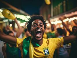 braziliaans Mens viert zijn voetbal teams zege ai generatief foto