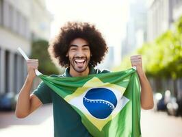 braziliaans Mens viert zijn voetbal teams zege ai generatief foto