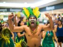 braziliaans Mens viert zijn voetbal teams zege ai generatief foto