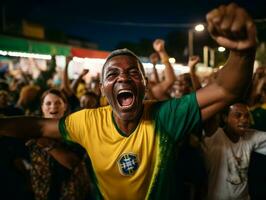 braziliaans Mens viert zijn voetbal teams zege ai generatief foto