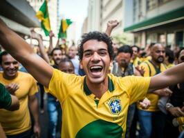 braziliaans Mens viert zijn voetbal teams zege ai generatief foto