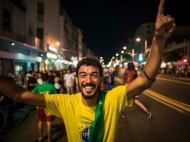 braziliaans Mens viert zijn voetbal teams zege ai generatief foto