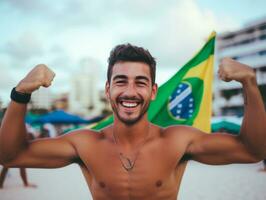 braziliaans Mens viert zijn voetbal teams zege ai generatief foto