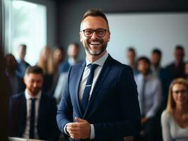 Mens in een bedrijf vergadering leidend met vertrouwen ai generatief foto