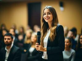 vrouw in een bedrijf vergadering leidend met vertrouwen ai generatief foto