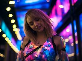 vrouw in futuristische kleren geniet ontspannen wandeling door neon stad straten ai generatief foto