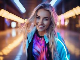 vrouw in futuristische kleren geniet ontspannen wandeling door neon stad straten ai generatief foto