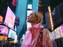 vrouw in futuristische kleren geniet ontspannen wandeling door neon stad straten ai generatief foto