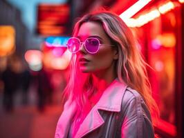 vrouw in futuristische kleren geniet ontspannen wandeling door neon stad straten ai generatief foto