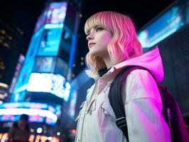 vrouw in futuristische kleren geniet ontspannen wandeling door neon stad straten ai generatief foto