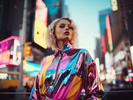 vrouw in futuristische kleren geniet ontspannen wandeling door neon stad straten ai generatief foto