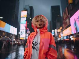 vrouw in futuristische kleren geniet ontspannen wandeling door neon stad straten ai generatief foto