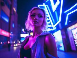 vrouw in futuristische kleren geniet ontspannen wandeling door neon stad straten ai generatief foto