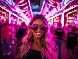 vrouw in futuristische kleren geniet ontspannen wandeling door neon stad straten ai generatief foto