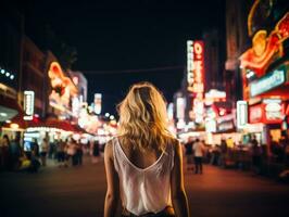 vrouw in futuristische kleren geniet ontspannen wandeling door neon stad straten ai generatief foto