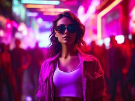 vrouw in futuristische kleren geniet ontspannen wandeling door neon stad straten ai generatief foto