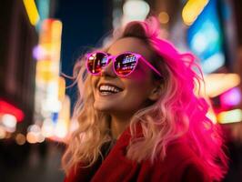 vrouw in futuristische kleren geniet ontspannen wandeling door neon stad straten ai generatief foto