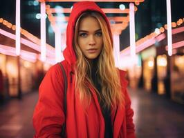 vrouw in futuristische kleren geniet ontspannen wandeling door neon stad straten ai generatief foto