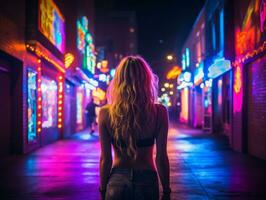 vrouw in futuristische kleren geniet ontspannen wandeling door neon stad straten ai generatief foto