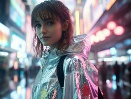 vrouw in futuristische kleren geniet ontspannen wandeling door neon stad straten ai generatief foto