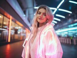 vrouw in futuristische kleren geniet ontspannen wandeling door neon stad straten ai generatief foto