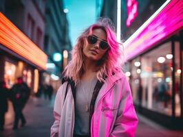 vrouw in futuristische kleren geniet ontspannen wandeling door neon stad straten ai generatief foto