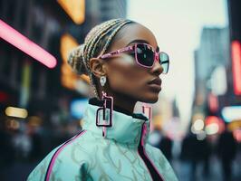 vrouw in futuristische kleren geniet ontspannen wandeling door neon stad straten ai generatief foto