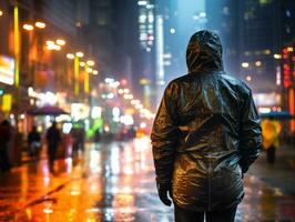 Mens in toekomst bewijs kleren geniet een ontspannen wandeling door een neon lit stad straten ai generatief foto