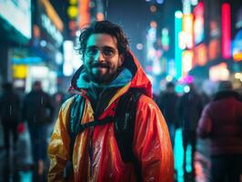 Mens in toekomst bewijs kleren geniet een ontspannen wandeling door een neon lit stad straten ai generatief foto