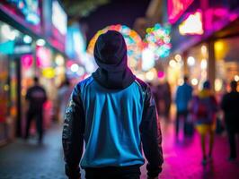 Mens in toekomst bewijs kleren geniet een ontspannen wandeling door een neon lit stad straten ai generatief foto