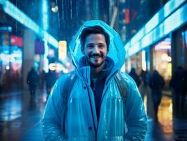 Mens in toekomst bewijs kleren geniet een ontspannen wandeling door een neon lit stad straten ai generatief foto