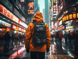 Mens in toekomst bewijs kleren geniet een ontspannen wandeling door een neon lit stad straten ai generatief foto