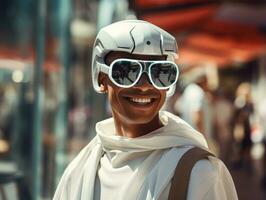 Mens in futuristische kleren geniet een ontspannen wandeling door een stad straten ai generatief foto