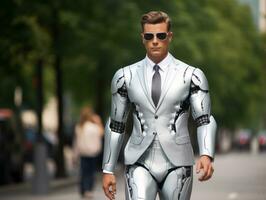 Mens in futuristische kleren geniet een ontspannen wandeling door een stad straten ai generatief foto