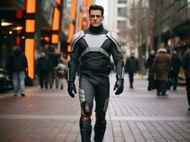 Mens in futuristische kleren geniet een ontspannen wandeling door een stad straten ai generatief foto